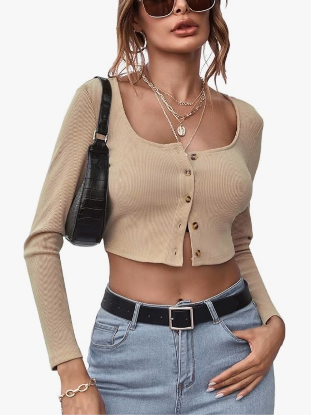 Beige Ribbed Button-Front Cropped Top